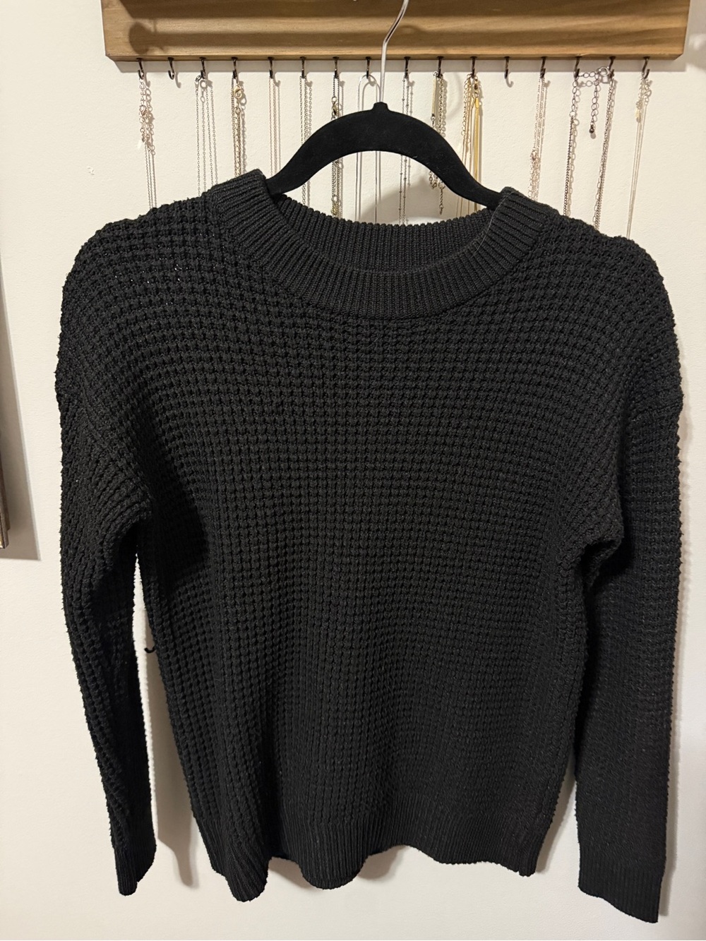 Time and Tru Black Waffle Knit Crewneck Sweater